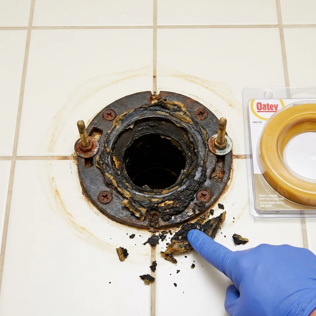 Failed wax ring showing water seepage at the base of a toilet in a Benson, MN home